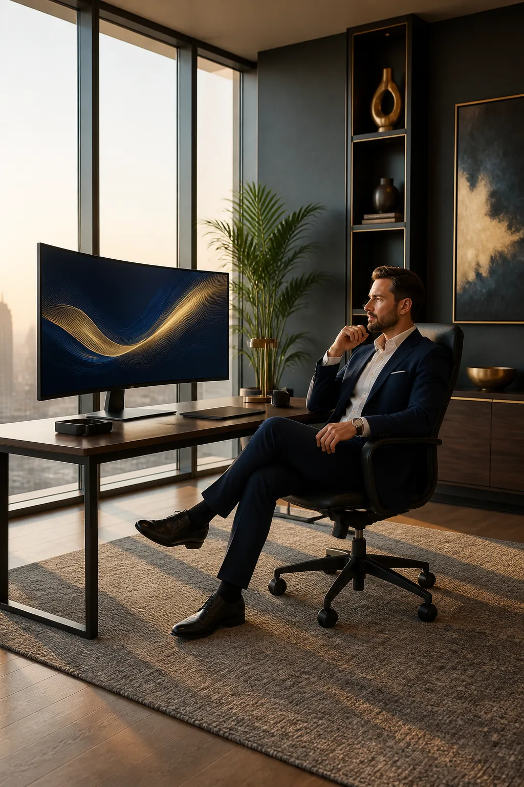 B2B executive reviewing marketing analytics in a modern office